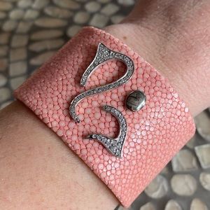 ANGELIQUE DE PARIS Pink Leather Cuff Sterling Crystals Stingray